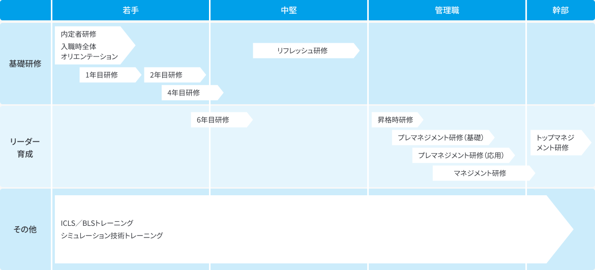 基礎研修：【若手：内定者研修、入職時全体オリエンテーション、1年目研修、2年目研修、4年目研修】【中堅：リフレッシュ研修】、リーダー育成：【若手：6年目研修）（管理職：昇格時研修、プレマネジメント研修（基礎）、プレマネジメント研修（応用）、マネジメント研修（基礎）】、幹部：【トップマネジメント研修】、その他：【ICLS/BLSトレーニング、シミュレーション技術トレーニング】